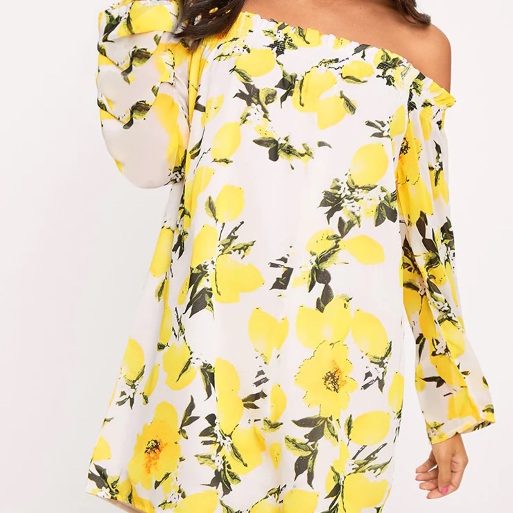 Pretty Little Thing Sabree Yellow Lemon Printed Bardot Dress (off the shoulder)